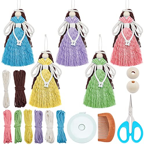FREEBLOSS 5Set Angelo Macramè Kit Angelo Natale Macramè Angeli Macramè per Principianti Set Macrame Natale Kit per Adulti Macramè Angelo di Natale Set Natale Angelo Macramè con Istruzioni