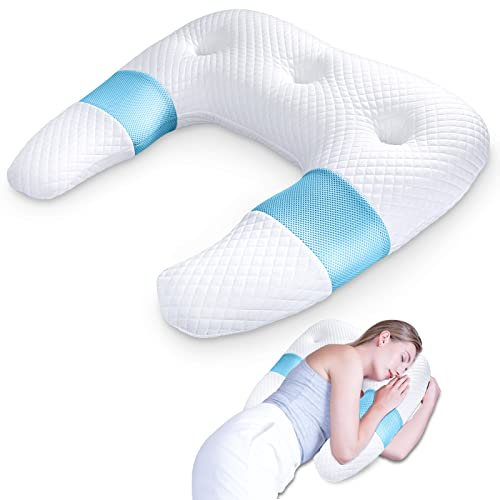 SAHEYER Seitenschläferkissen, U-förmiges Memory Foam Nackenkissen Ergonomisches Orthopädisches Nackenstützkissen mit Ohr-Haltebereichen Bettkontur-Kissen für Nacken-Schulter-Schmerzlinderung (Blau)