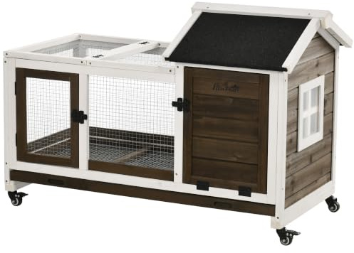 PawHut Kaninchenstall Nagerstall auf Rädern 2 verschließbare Türen Kotschublade - Abm. 108L x 58l x 73,5H cm - Holz