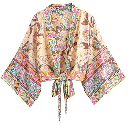 Dninmim Kurzes Wickel-Kimono-Oberteil für Damen, Bohemian-Viskose, Baumwolle, leger, Streetwear, Cover Ups, elfenbeinfarben