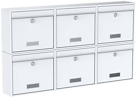 BASI Briefkasten 6er Set | Wandbriefkasten aus Stahl | Farbe Weiß | mit Namensschild | Zylinderschloss mit 2 Schlüssel | inkl. Befestigungsmaterial | Briefkastenanlage | 6 Stück