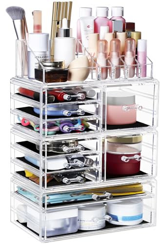 Greentainer Make-up Organizer Große Kosmetik-Aufbewahrungsbox mit Kapazität 8 Gitter in verschiedenen Größen und 10 Schubladen für Schlafzimmer und Badzimmer,Kosmetik-Organizer aus Acryl,Transparent