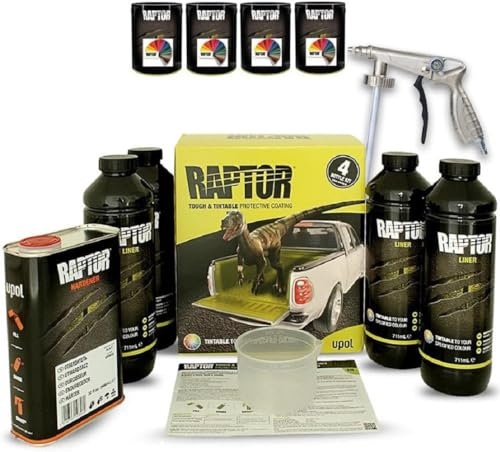Raptor Lack Beschichtung 4er Set inkl. UBS Pistole + 4x 0,1 L Raptor Farbkonzentrat. Alle RAL Farben/Upol (RAL 7022 Umbragrau)