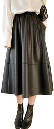 BWGHBH Gonna a Trapezio in Pelle Sintetica Plissettata da Donna Gonna Alta di Media Lunghezza da Donna con Tasche (Nero)