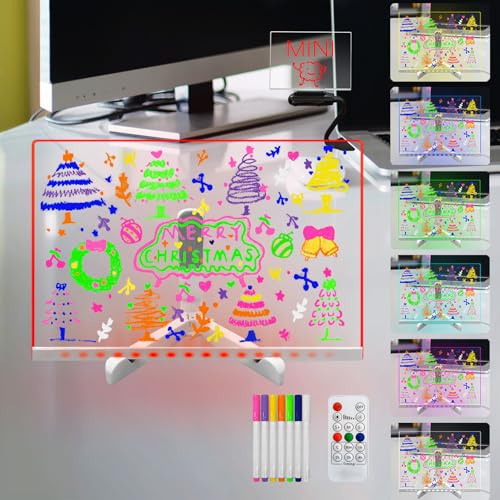 Pizarra acrílica de borrado en seco Laysinly Light up, 30 x 20 CM 7 Color Change Glow LED Pizarra para notas, rotulador de 8 colores, alimentación USB, mando a distancia (L)