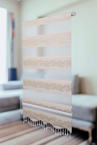 PlisseeOnline Doppelrollo Klemmfix ohne Bohren Gold Silber mit Muster und Perlen Duo Rollo für Fenster und Türen Plissee Rollo Gardine 70 x 150 cm Blickdicht Klemmrollo mit Perlen Seitenzugrollo