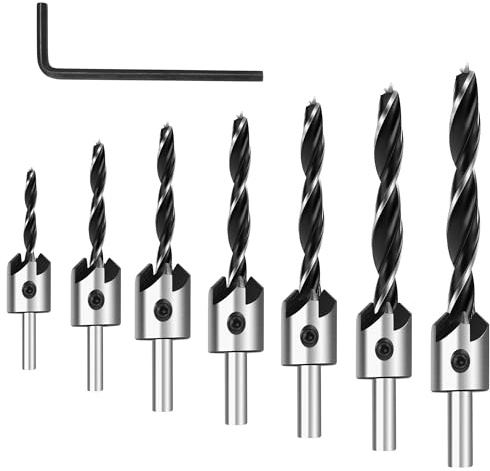 ROGAPER Juego de brocas avellanadas, 7 brocas cónicas M2 HSS, con vástago hexagonal de 1/4 pulgadas de cambio rápido y llave Allen, juego de contrapisonador para carpintería y carpintería, juego de