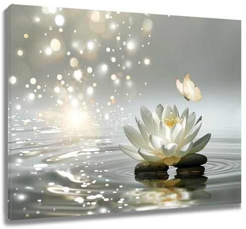 LB Wandbilder Zen-Blume Wanddruck Seerose Blumen mit Schmetterling Leinwand Bilder Graues Spa Yoga Entspannen Poster für Wohnzimmer Schlafzimmer Badezimmer Wand Deko,50x40cm Gerahmt