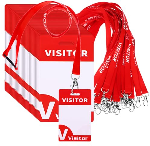 Lot de 30 cordons rouges pour badge visiteur avec clips et 30 cordons réutilisables en PVC pour carte d'identité