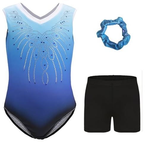 Kiscorpse Dreiteilige Gymnastikanzug Mädchen Turnanzug Leotard Set mit Turnshorts und Haarband, Langarm Ballettröckchen Kleid Trikotanzug Outfit Set (Blau-Ärmellos, Tag 10A(9-10 Jahre))