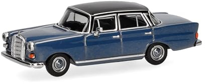 Herpa Modellauto Mercedes-Benz 200 Heckflosse, blau/schwarz, Miniatur im Maßstab 1:87, Sammlerstück, Made in Germany, Modell aus Kunststoff