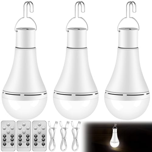 GBKDQQ - Pack de 3 bombillas recargables USB, bombilla LED de 12 W con gancho y mando a distancia, bombillas LED de 3 modos a pilas, luz de emergencia