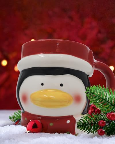 Pinguin Weihnachtstasse | handbemalte 3D Keramik Tasse | Für Weihnachten, Nikolaus, Adventskalender, Wichteln | Weihnachtliche Deko, Weihnachtsdeko | Christmas Kaffeetasse 350 ml (Pinguin)
