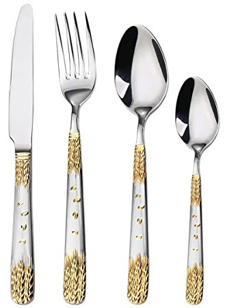 Mecmoc Couverts en Argent et Or pour 24 Personnes, Ensemble de 120 pièces, Couteau, Fourchette, cuillère, Service de Table, Couverts lavables au Lave-Vaisselle.