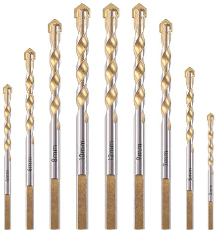 Sxutop 9 Pezzi Punte da Trapano con Gambo Rotondo e Triangolare Punta da Trapano a Codolo Diametro 3mm - 12mm Punta in Carburo di Tungsteno Adatto per Piastrelle Cemento Vetro Plastica e Legno