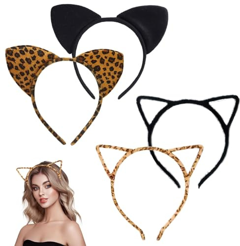 UILYNIU 4 Stück Tier Ohren Haarreif für Erwachsener, Katzenohren Stirnband, Haarreif Leopard Ohren, Tier Stirnbänder Katze Haarbänder Haarschmuck für Damen Halloween Kostüm