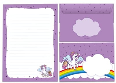 Briefpapier-Set Briefblock mit Umschlag für Mädchen Kindermotiv Einhorn Unicorn Pferd Briefbögenblock liniert (Block A5 mit 25 Blätter + 15 Umschläge)
