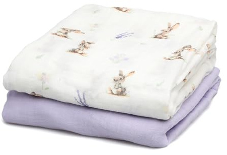 Kiokids | Set 2 Musselin, Hasen und Lavendel | Petit Moments Kollektion | 70% Bambus & 30% Baumwolle | Ultraweich | Antibakteriell & Thermoklimatisch | UV-Schutz |+0 Monate | ca. 120x120cm