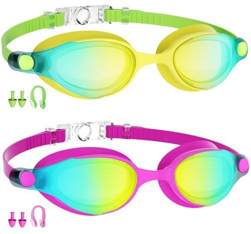 Priksia Swimming Goggles 2 Pack, Adult Goggles Swimming with Nose Clip & Earplugs, Anti Fog No Leaking Clear Vision Goggles Swimming for Adult Women (Yellow + Pink)