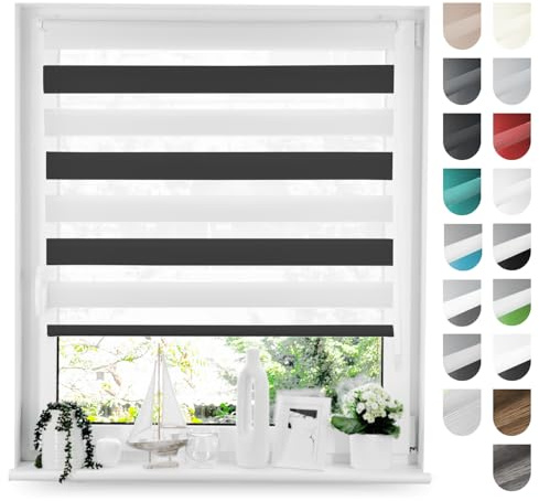 Tom'Shop Doppelrollo Klemmfix ohne Bohren Schwarz-Weiß 70cm x 130cm | Duo Rollo mit Klemmträger Fensterrollo Seitenzugrollo für Lichtschutz Sichtschutz Sonnenschutz leichte Montage