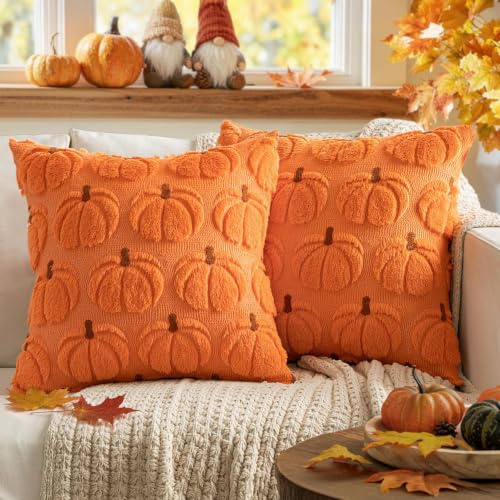 MIULEE 2er Kissenbezug 45x45 Herbst kürbis Dekokissen Orange Braun | Dekokissen Kissenhülle Sofakissen Wolle kürbis Couchkissen Kuschelkissen für Halloween Thanksgiving