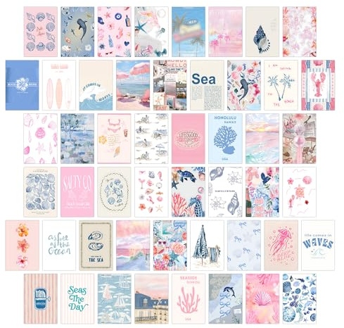 Ästhetisches Wandcollage-Set, strandige Poster und Drucke für Teenager-Mädchen, Wohnheim- oder Schlafzimmerdeko, Zimmerdeko im Küstenstil in Rosa-Blau (50 Stück, 10 x 15 cm)