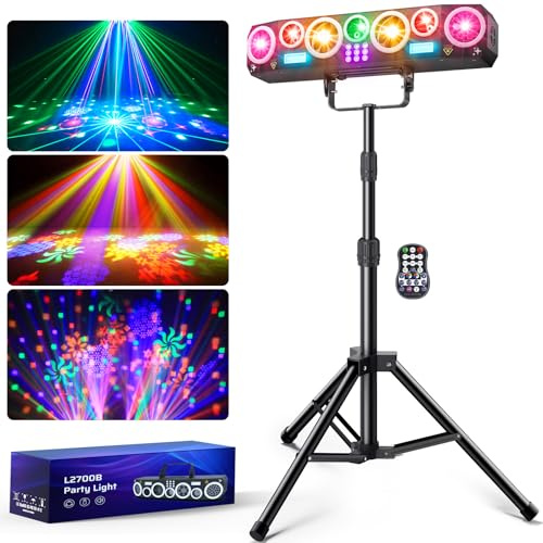 Ehaho All-in-one Discolicht Partylicht mit 60 Stativ, DJ Licht mit Rotierenden Mustern, RGB, UV & Strobe Partylicht mit Soundaktiv-Funktion, Höhenverstellbares Dreibeinstativ für Partys, Bars, Clubs