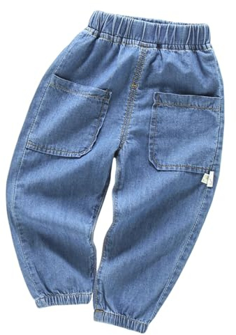 Kids Baggy Jeans Boys Age 2-7 Years Trendy Boys Loose Fit Denim Pants Elastic Waist Comfy Stretchy School Casual Athletic Streetwear Trousers (Blue, 3-4 Years)