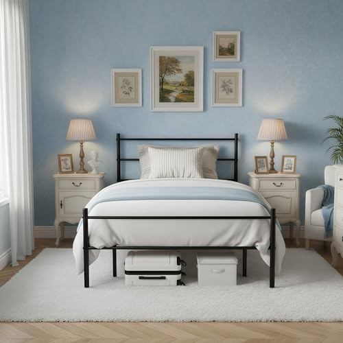 ZZINOKE Lit simple en métal 90 x 190 cm, avec tête et pied de lit, espace de rangement sous le lit, montage facile, noir