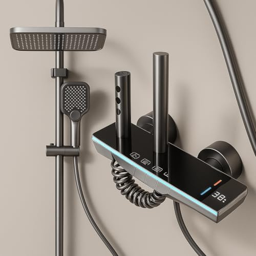Digital Shower with LED Temperature Display - Luxury Rainfall Showerhead & High Pressure Handheld Shower Head Combo - 4 Spray Modes, Brass Finish, Modern Piano Controls, Ambient Lighting (Style 1)