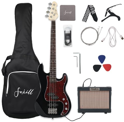 Fojill Full Size Four String Electric Bass Guitar With 10 Watt Amplifier 4 String Right Handed Beginner Kit Set With 600D Gig Bag,Picks,Noiselss Cable,Extra Strings(GBK)