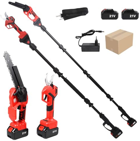 4-en-1 8 Pouces Tronçonneuse Télescopique & 40 mm Sécateur Électrique, Élagueuse Télescopique Électrique avec 2 4.0Ah Batteries, Angle Réglable à 180°, Portée Maximale Jusqu'à 2 m