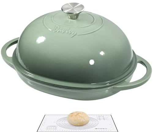 Davivy 6QT Oval Cast Iron Dutch Oven for Sourdough Bread, 8.7 x 11 Dutch Oven Pot with Domed Lid, Enamelled Cast Iron Bread Pot (Sea Salt Green, with Silicone Liner)