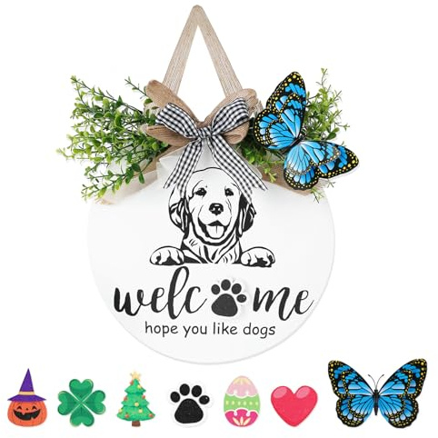 Welcome Sign for Front Door, Wooden Dog Welcome Sign, White Round Welcome Plaque, Welcome Home Door Hanging Decor for Porch Wall Entryway, Magnetic O with 6 Seasonal Decorations, Gift for Dog Lovers