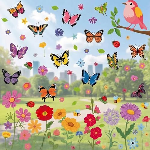 Aquarell Fensterbilder Frühling Sommer,8 Blatt Selbstklebend Fensterbilder Blumen Vogel Schmetterling Wiederverwendbar Fenstersticker Selbstklebend Fenster Aufkleber Deko für Fensterdeko Kinderzimmer