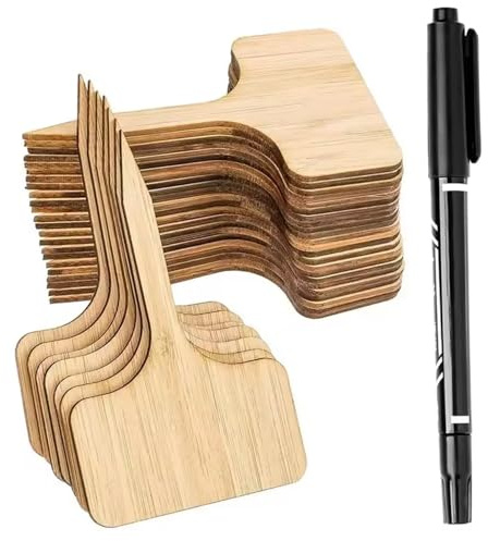 Etichette per Piante 60 Pezzi, Marcatori per Piante di Bambù Tipo T con Pennarello, Etichette da Giardino Impermeabili per Piantine Verdure Erbe Fiori