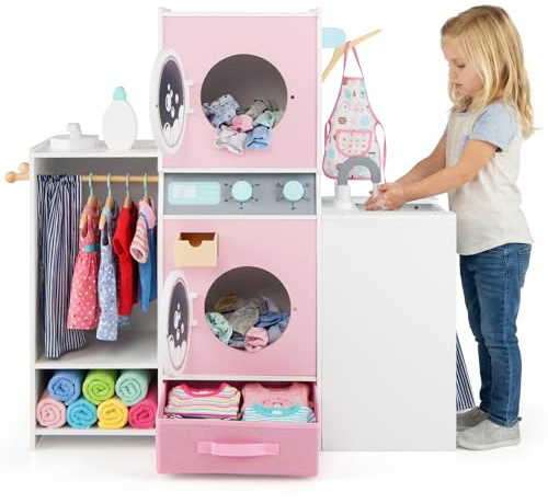 FANTASK Holz Kinder Waschmaschine Spielset, Wasch Spielzeug mit Bügeleisen, Waschmittel & Kleiderbügeln, Wäsche Spiel für Kinder ab 3 Jahren