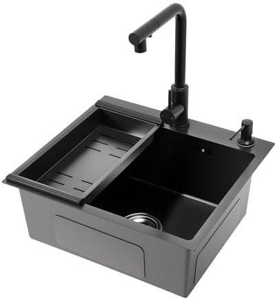Donened - Fregadero de cocina, 50 x 45 cm, pequeño fregadero, 1 lavabo empotrable con grifo extensible, escurridor y dispensador de jabón, fregadero de acero inoxidable