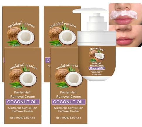 Crema depilatoria al cocco, crema depilatoria per il viso da donna, infusa con olio di cocco ed estratto vegetale, depilatore delicato per labbro superiore, mento e viso (4 pezzi)