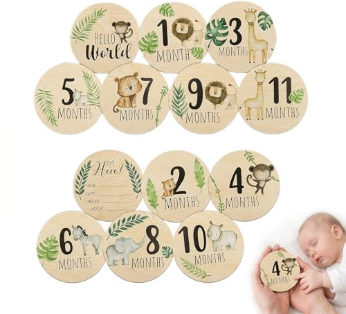 KOHVAN 7 Tarjetas de Cumple Mes Bebé de Madera | Discos de Hitos Mensuales para Capturar el Primer Año | Regalo Original Recién Nacido y Baby Shower | 10x10cm Doble Cara 1-12 Meses | Accesorios Fotos