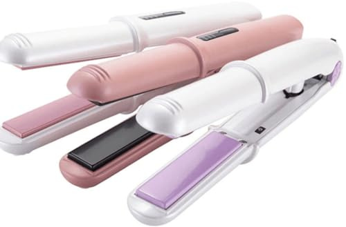 USB Hair Curler Straightener Dual Use Styling Tool Pink Alloy | 3 Segment Temperature Control, LED Display Screen, 360 Degree Rotating Cord
