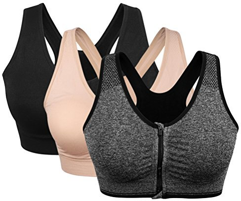 3 Packs Bras Women, Front Zip Fastening Non Wired Comfy Post Surgery Bras Removable Pads (Black+Gray+Nude, L:Fit 34B,34C,36A,36B)