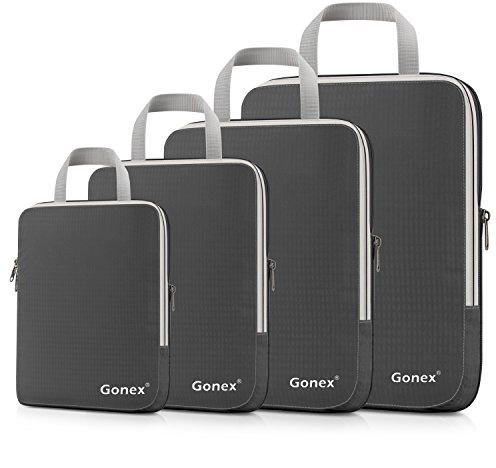Gonex Organizador Maletas Equipaje, Bolsas Viaje Cubos Embalaje Almacenaje Extensibles Impermeable para Ropa Zapatos Cosméticos Accesorios Portatrajes Neceser Portátil, Kit de 4 pcs,Gris