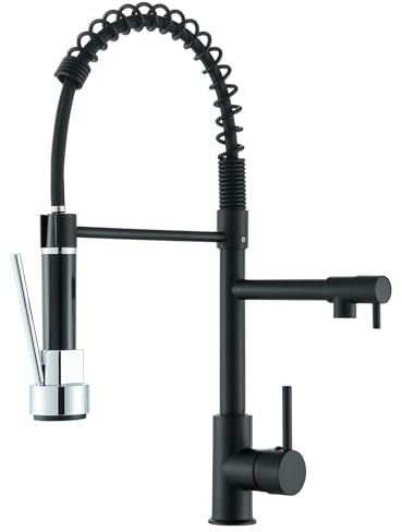 Grifo Cocina Extraible y Extensible, Grifos Fregadero Rociador Extraíble Torneira con Caño Giratorio 360°, 2 Funciones Con Ducha Grifos de Fregadero, Acero Inoxidable, Negro