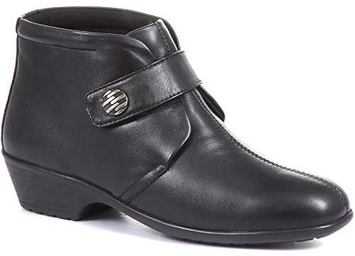 Pavers Ladies Leather Ankle Boots in Black - Touch-Fasten Strap with Mock Button Detail - Wide Fit - Soft-Cushioned Insole - Size UK 5 / EU 38