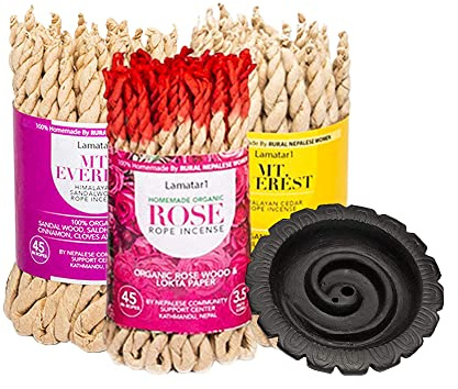 Lamatar1 Bundle Rope Incense Gift Package- 3 Bundle APPR. 135 in Ropes Including Spiral Design Clay Rope Incense Burner