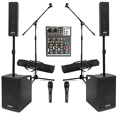 Vonyx VX1050 Portable Column PA System with Mixer, Stands & 2 Mics - Portable PA System Packages, Professional Vocalist PA System, All-in-One Speaker Kit with Mixer for Live Performances & Events