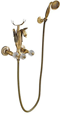 GLYYR Tub Faucet, Swan Bathtub Faucet with Handheld Shower, Brass Tub Filler Faucet Wall Mounted Tub Tap Double Handle 2 Holes Filler Mixer Tap for Bathroom,Antique
