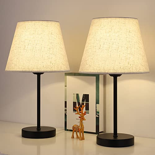 UOMIO Bedside Table Lamps Set of 2, Vintage lamp Small Desk Lamps with Linen Fabric Lampshades and Metal Base, On-Off Switch, Pair of Side Lamps for Bedroom, Living Room, Office