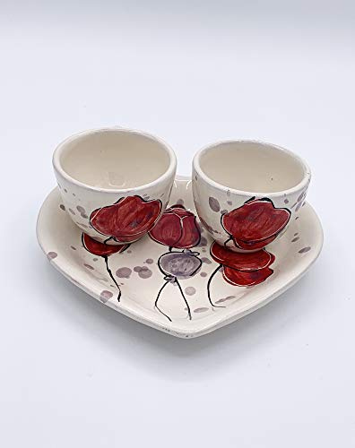 Amarcord Set Caffè Vassoio a forma di cuore con due tazzine in ceramica fatto e dipinto a mano con tulipani